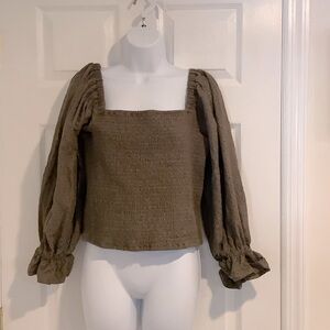 NWT HUTCH Olive Green Smocked Eyelet Puffy Sleeve Stretchy Top size Large